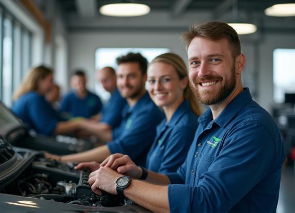 L'équipe de PropreAuto Solutions en action, souriante dans l'atelier