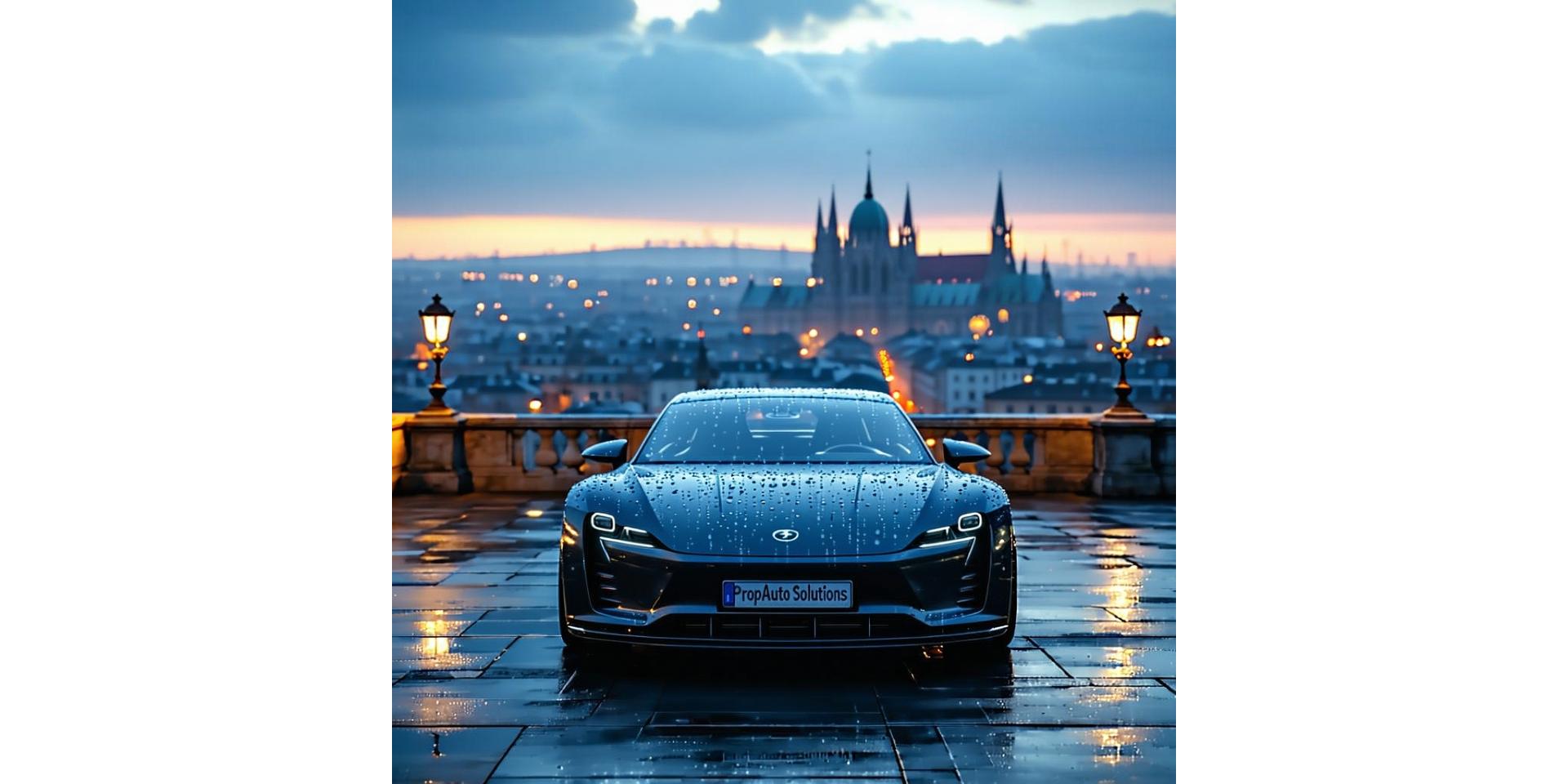 Une voiture éclatante devant la skyline de Lyon après un lavage chez PropreAuto Solutions.