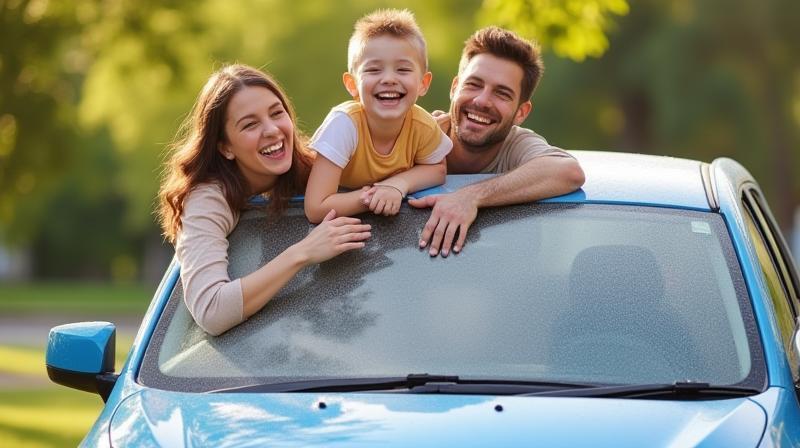 Famille souriante autour d'une voiture propre